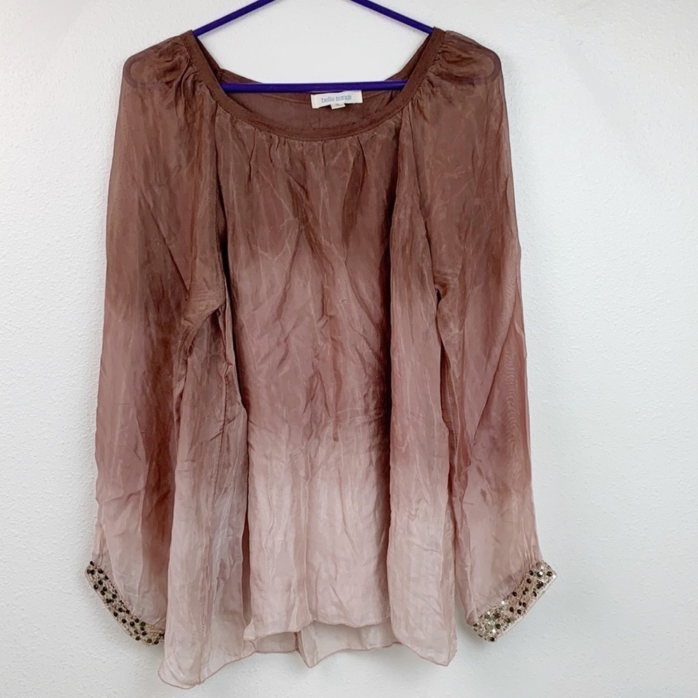 Belle France silk & sequins brown ombre long sleeve billowy tunic blouse EUC